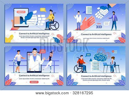 Ai Support For Disabled Patient Medical Banner Set. Cartoon People Characters In Wheelchair Received