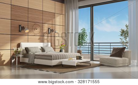 Mastre Bedroom With Terrace Overlooking The Sea And Double Bed Against Wooden Paneling - 3d Renderin