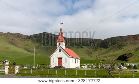 Sandavagur, Faroe Islands - August 2019: The Church In Sandavagur On Vagar, Faroe Islands