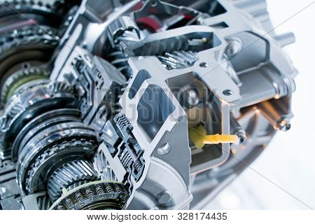 Metallic background of car automotive transmission gearbox