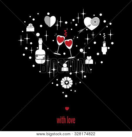 Set Of Elements For Romance And Love In  Shape Of Heart On Black Background. Vector Drawing In Outli