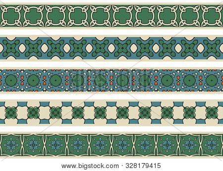 Set Of Five Illustrated Decorative Borders Made Of Abstract Elements In Beige, Green, Orange, Turqoi