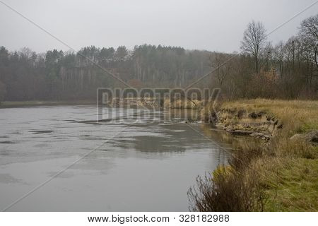 Beautiful Polish Autumn Cold Gray Cloudy November Landscape Of Podlasie With The River Bug