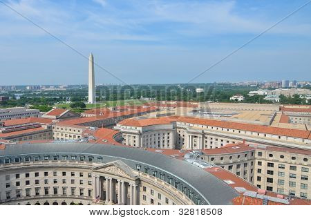 Washington DC, skyline med federala offentliga byggnader och Monument