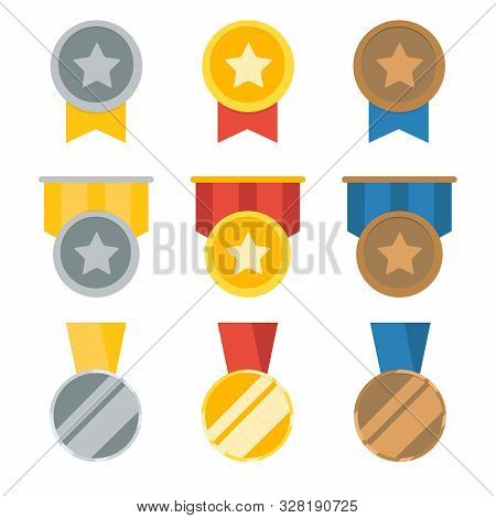 Set Of Medal - Gold, Silve...ed On White Background.