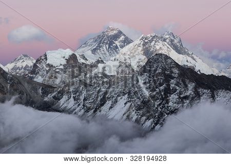 Mount Everest View From Gokyo Ri. Picturesque Sunset Over Everest With Skies Of Delicate Pinkish Pur