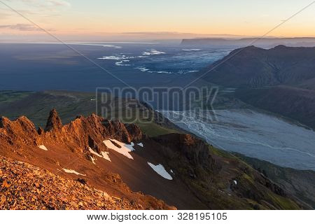 Icelandic Mountain Landscape. Majestic View From The Top Of Kristinartindar Mountain On Sunset.