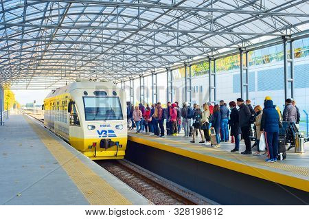 Kyiv, Ukraine - October 07, 2019: People Waiting For Arriving Boryspil Express Train - Shuttle Airpo