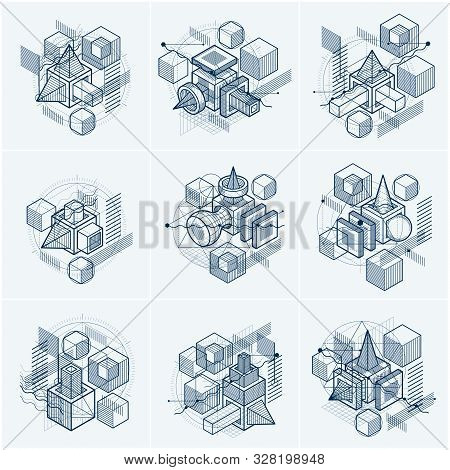 Vector Backgrounds With Abstract Isometric Lines And Figures. Templates Made With Cubes, Hexagons, S