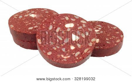 Traditional English Lancashire Black Pudding Sausage  Slices Isolated On A White Background