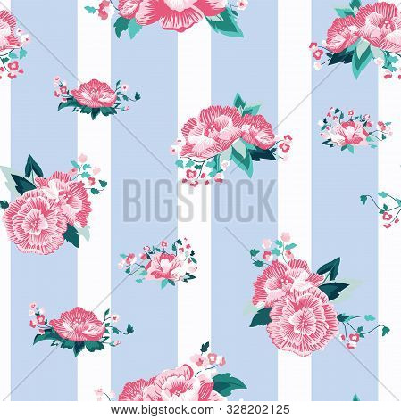 Vector Folk Roses On Soft Blue And White Stripes Seamless Pattern Background.