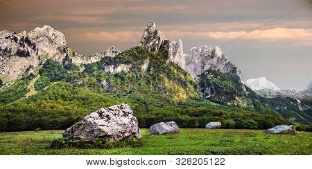 Evening View Of Prokletije Mountains In Grebaje Valley In Montenegro