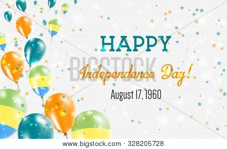 Gabon Independence Day Greeting Card. Flying Balloons In Gabon National Colors. Happy Independence D