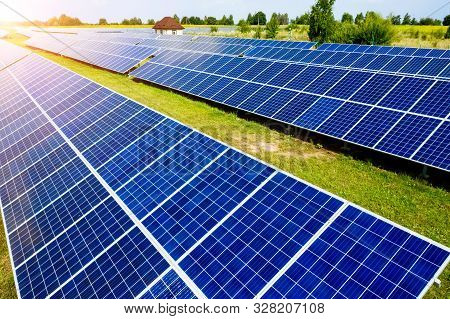 Aerial View Top View On Blue Solar Pannels