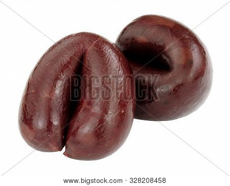 Traditional English Lancashire Mini Black Pudding Sausages Isolated On A White Background