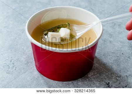 Take Away Asian Food Wonton Soup With Bok Choy And Chives In Plastic Bowl Package Or Container Box.