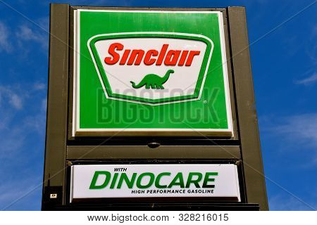 Yankkton, South Dakota, August 18, 2019:dino, The Dinosaur Is The Mascot For Sinclair, Sinclair Oil 