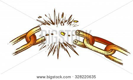 Breaking Metal Chain Freedom Concept Ink Vector. Steel Chain With Defect. Breakdown And Destruction 