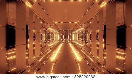 Futuristic Space Hangar Tunnel Corridor With Hot Metal Steal 3d Rendering Wallpaper Background
