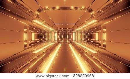 Futuristic Space Hangar Tunnel Corridor With Hot Metal Steal 3d Rendering Wallpaper Background