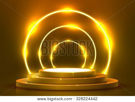 Abstract Round Podium Illuminated With Spotlight. Award Ceremony Concept. Stage Backdrop.