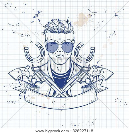 Hand Drawn Sketch, Cowboy With Scarf And Guns. Poster, Flyer Design On A Notebook Page