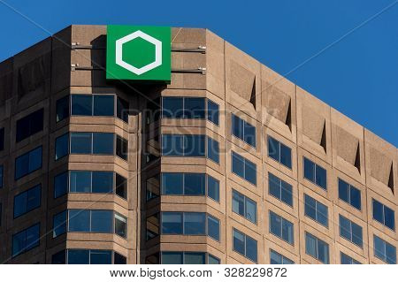 Montreal, Ca - 15 October 2019: New Desjardins Logo At The Top Of The Complexe Desjardins Building.