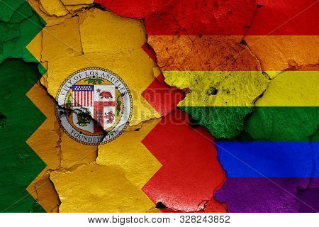 Flags Of Los Angeles And Lgbt Painted On Cracked Wall