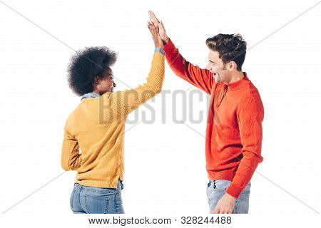 Happy Interracial Couple In Winter Clothes Giving Highfive, Isolated On White