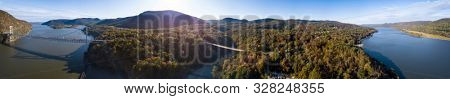 360 degree aerial panorama of the Hudson River Valley of New York near Poughkeepsie.