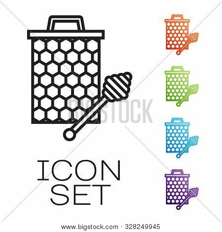 Black Line Honeycomb With Honey Dipper Stickicon Isolated On White Background. Honey Ladle. Honey Ce