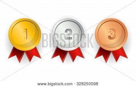 Realistic Award Medals. Set Of Gold, Silver And Bronze Award Medals On White - Stock Vector
