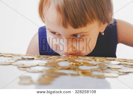 Best Motivation Is Money. Happy Business Child With Coints. Humorous Photo.