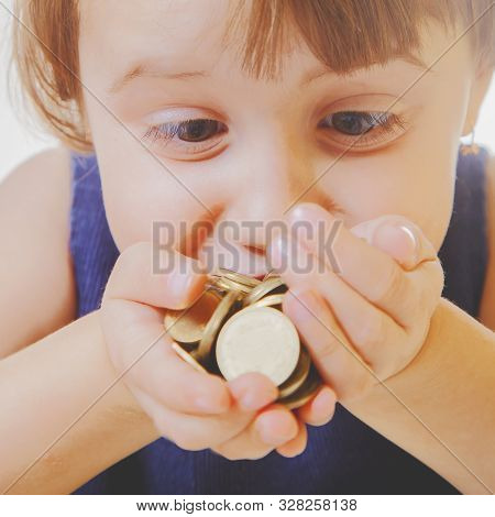 Best Motivation Is Money. Humorous Photo Business Child Girl With Coints.