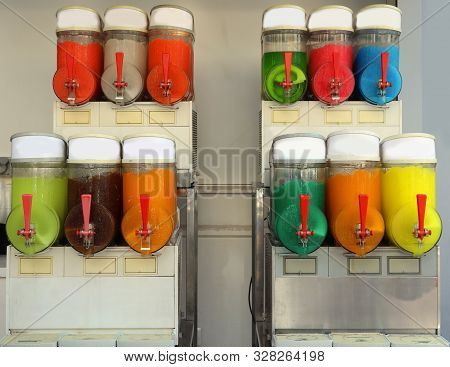 Frozen Dessert Dispenser With Sugary Syrups With Various Flavors