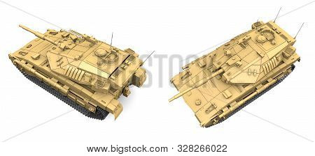 Military 3d Illustration Of Sand Color Heavy Tank With Fictive Design, Detailed Heroism Concept Isol