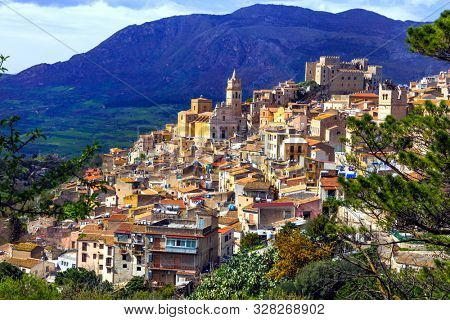 Beautiful mountain medieval village Caccamo in Sicily, Italy