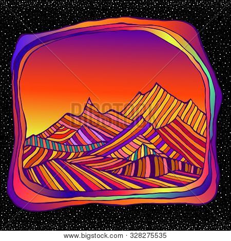 Psychedelic Surreal Landscepe With Colorful Mountains, Isolted In Space And Stars Bacground. Retro H