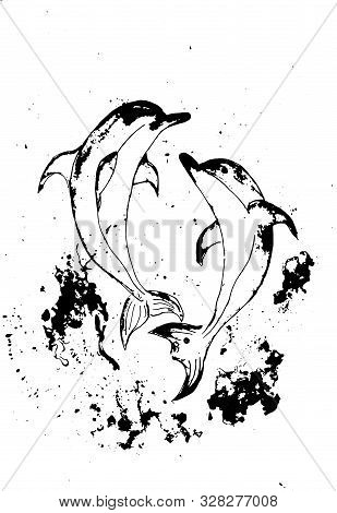 Dolphins Jump In The Waves Brush Ink Sketch Handdrawn Serigraphy Print. Stamp