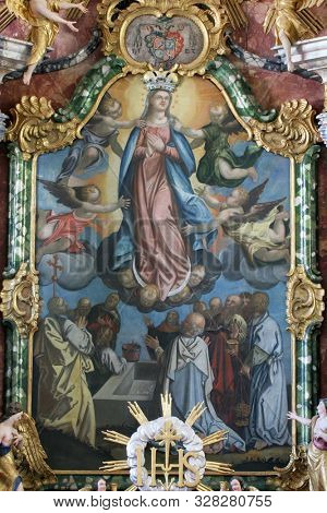 KLOSTAR IVANIC, CROATIA - SEPTEMBER 25, 2011: Assumption of the Virgin, main altar in the Church of the Assumption of the Virgin Mary in Klostar Ivanic, Croatia