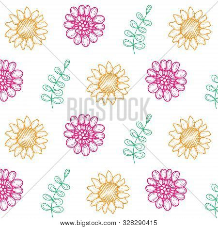 A Seamless Pattern Of Hand-drawn Flowers And Leaves. Multicolored Background In Doodle Style