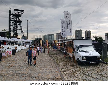 Katowice, Poland - August 10, 2019: People Visit Food Trucks At A Music Event Meskie Granie In Katow