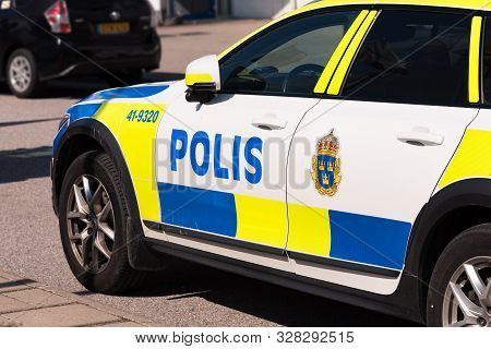 Stockholm - Skavsta, Sweden - August 09, 2019: The Swedish Police (polis) Patrolling Car On The Stre