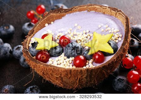 Healthy Homemade Raw Vegan Banana And Berry Ice Cream (icecream, Nicecream) Topped With Organic Blac