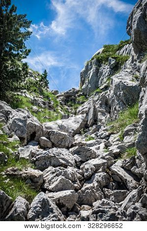 Hikers Walking On Trail. Group Of People Hiking In Mountains With Blooming Meadows And Mountain Peak