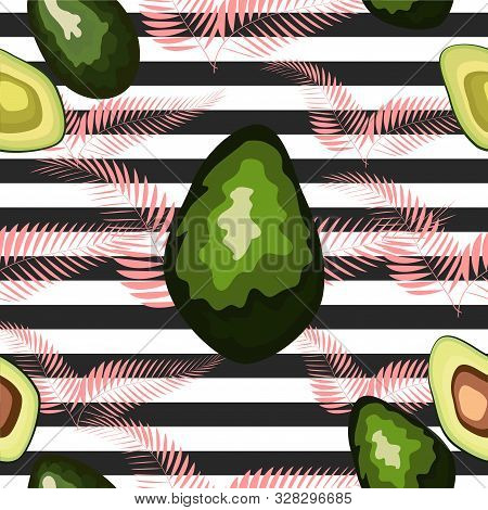 Seamless Pattern Of Avocado Fruits With Palm Leaves Dypsis Lutescens On A Striped Background.