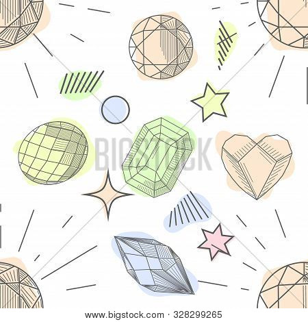 Seamless Pattern Of Hand Drawn Semiprecious Stones: Jade, Rock Crystal, Citrine, Amethyst, Aquamarin