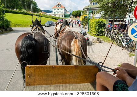 Riding A Carriage Pulled By A Pair Of Horses.