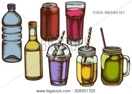 Vector Set Of Hand Drawn Colored Glass, Plastic Bottle, Bottle Of Lemonade, Smoothie Cup, Aluminum C