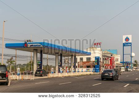 Chachoengsao, Thailand - March 17, 2019: Wide View On Ptt Blue And White Gas Station Along Road With